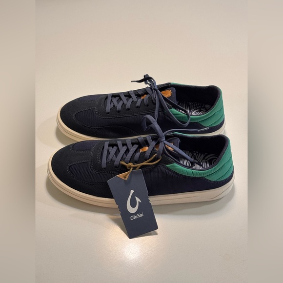 OluKai Punini NWT Court Sneakers Men Size 10.5 Blue Green Leather Suede Shoes - Picture 2 of 11